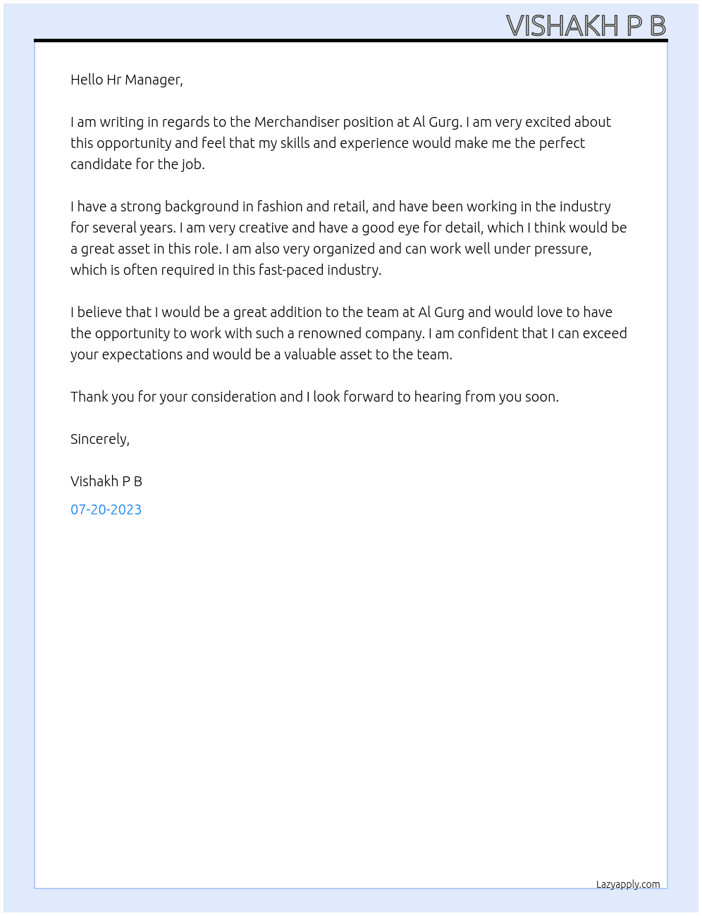 Merchandiser At Al Gurg Cover Letter