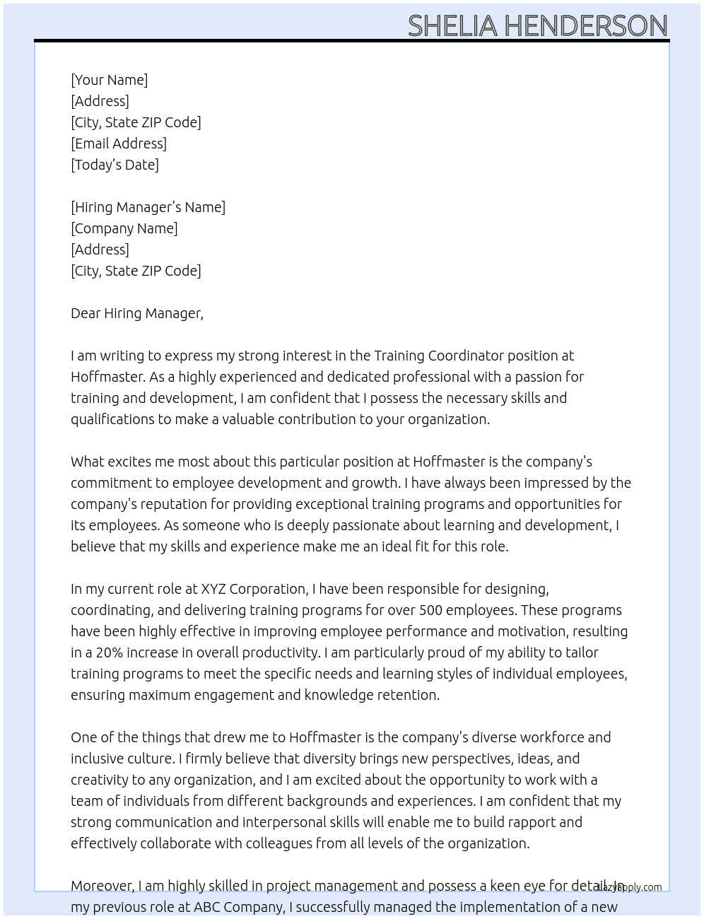 Training Coordinator At Hoffmaster Cover Letter