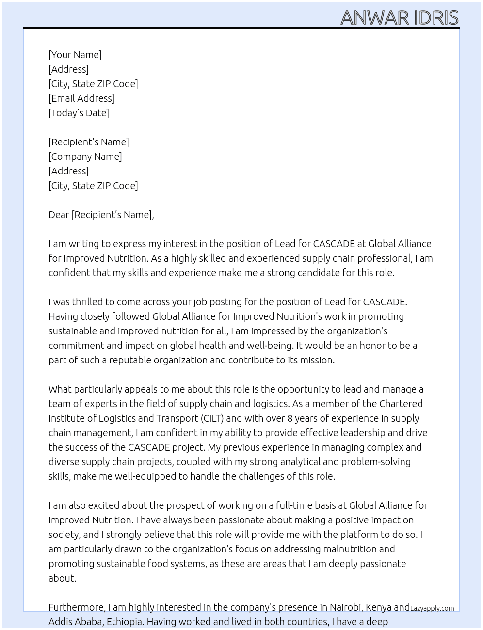 Lead, CASCADE At Global Alliance for Improved Nutrition  Cover Letter