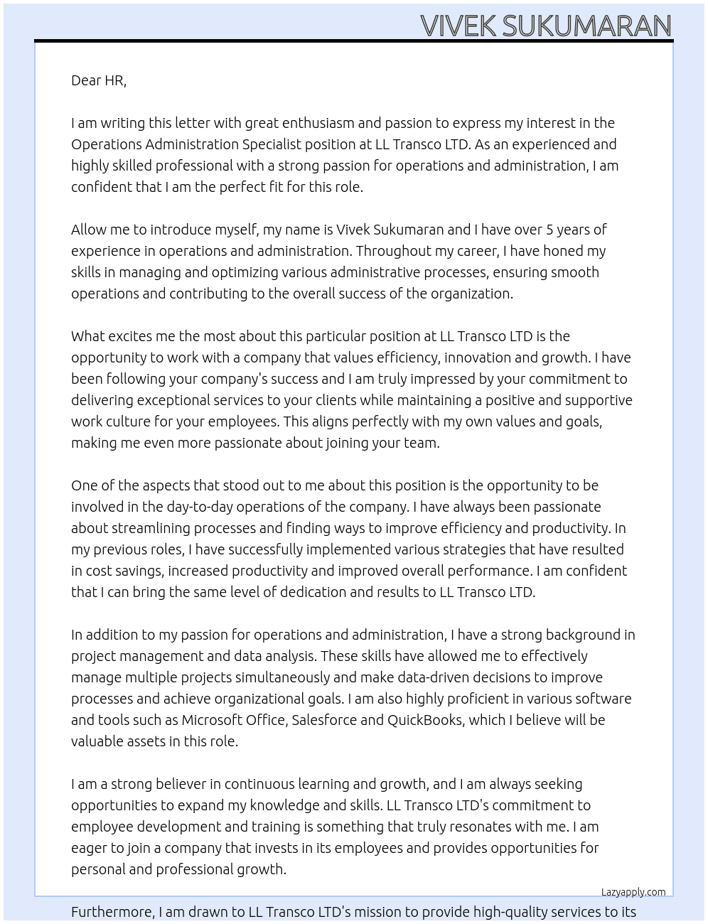 Operations Administration Specialist At LL Transco LTD Cover Letter