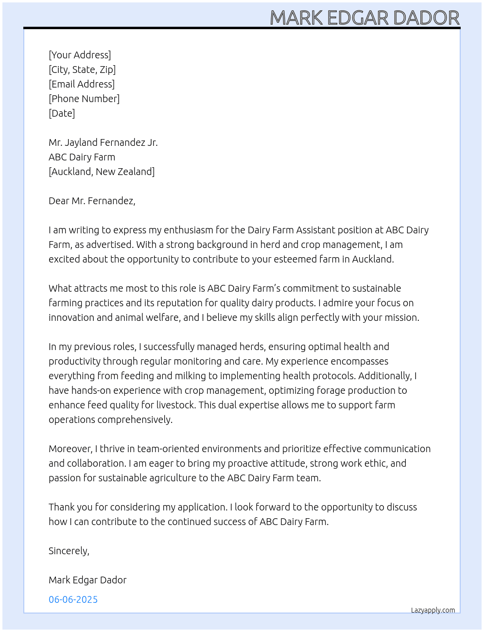 dairy farm assistant At ABC Dairy Farm Cover Letter