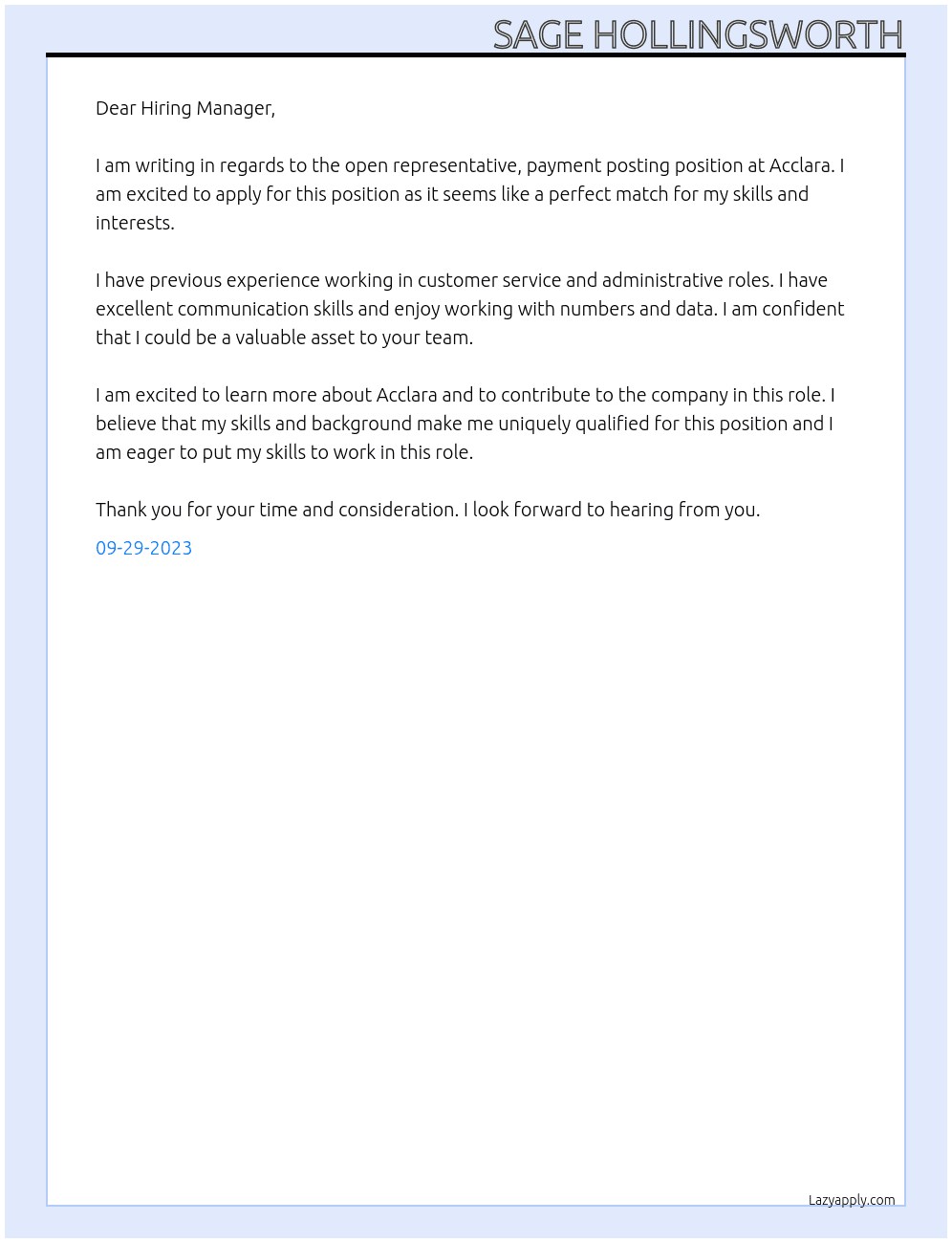 Representative, Payment Posting  At Acclara Cover Letter