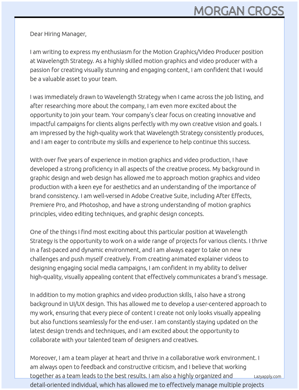 Motion Graphics/Video Producer At Wavelength Strategy Cover Letter