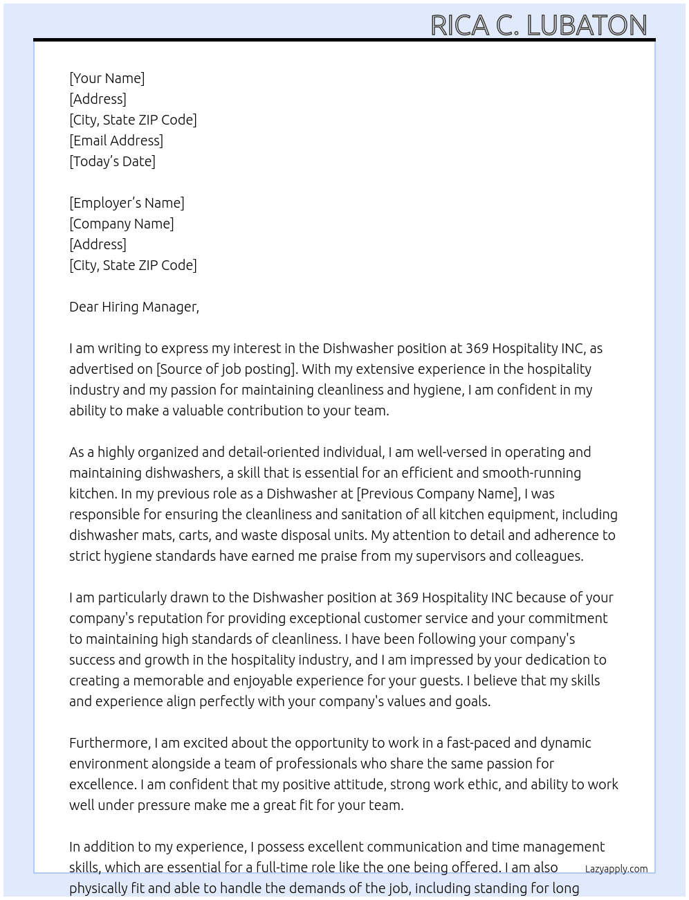 Dishwasher  At 369 Hospitality INC Cover Letter