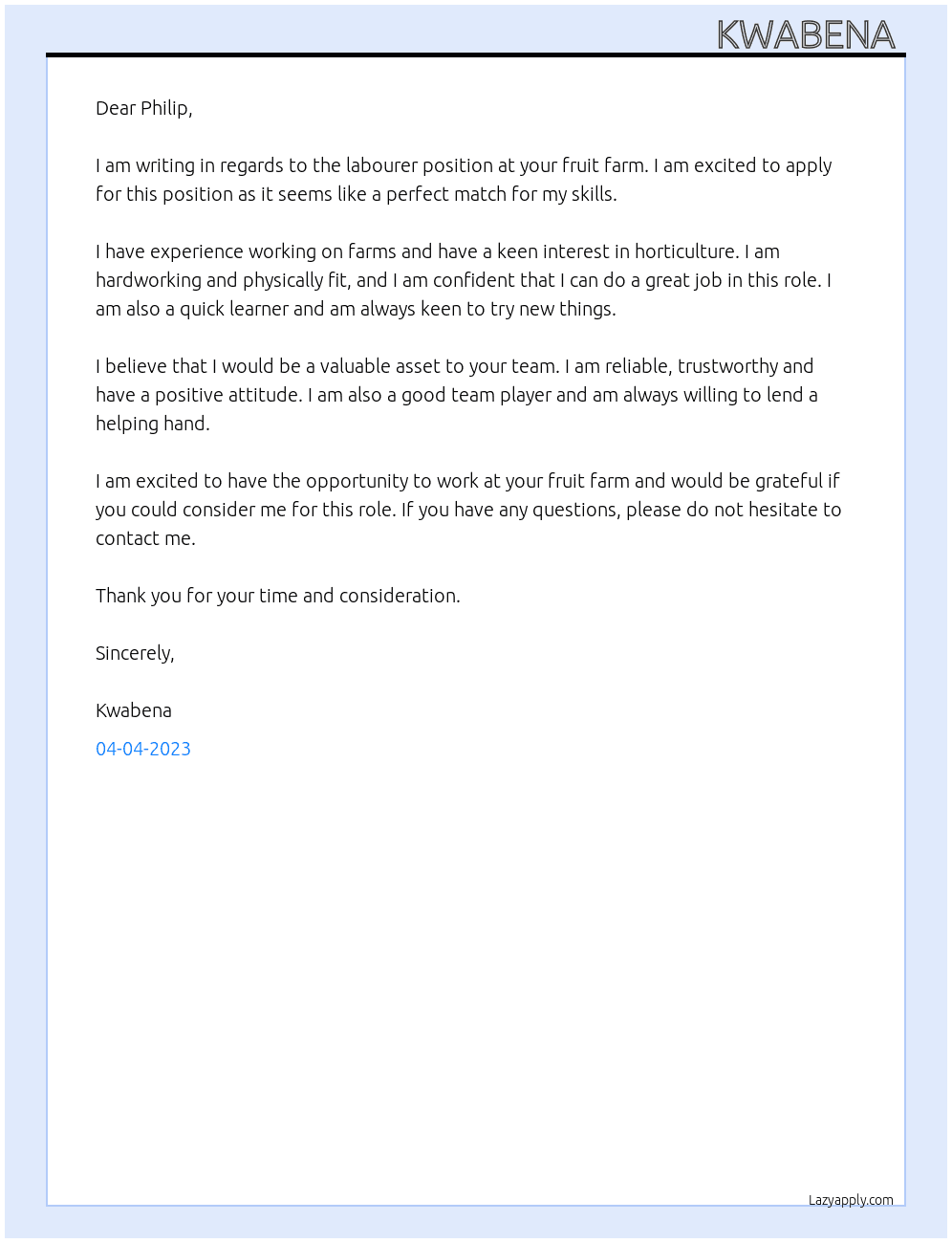 Labourer, fruit farming  At Fruit farm Cover Letter