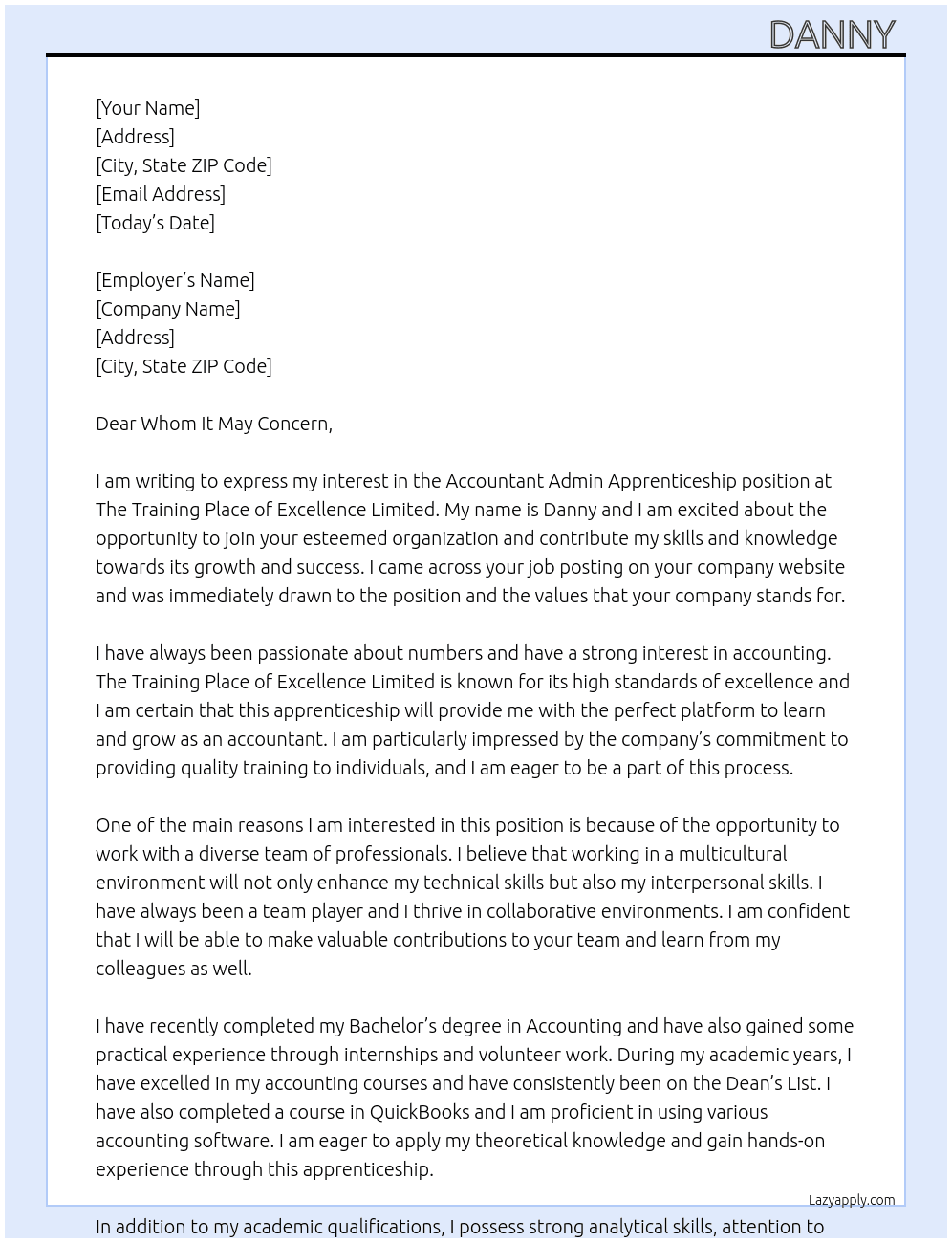 Accountant admin apprenticeship At The Training Place of Excellence Limited Cover Letter