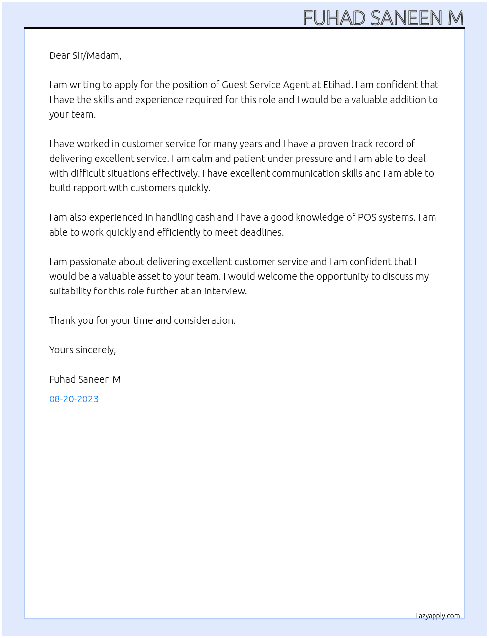 Guest service agent At Etihad Cover Letter