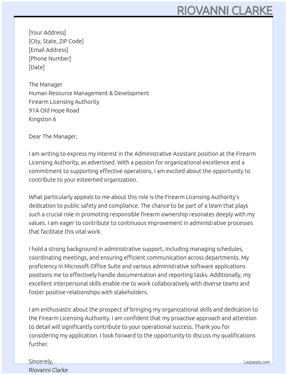 Administrative Assistant At The Firearm Licensing Authority Cover Letter