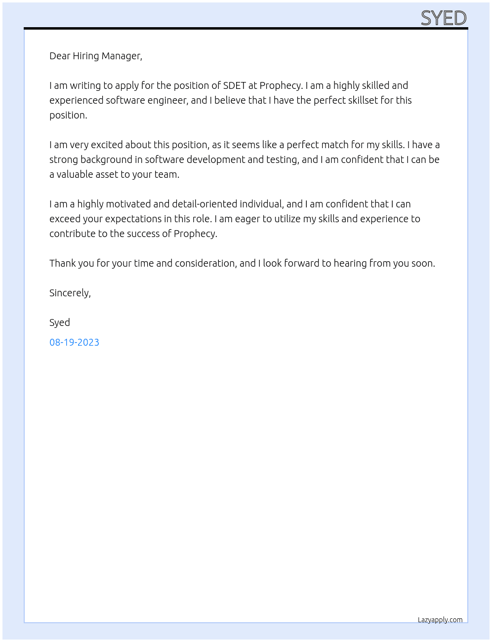 SDET At Prophecy  Cover Letter