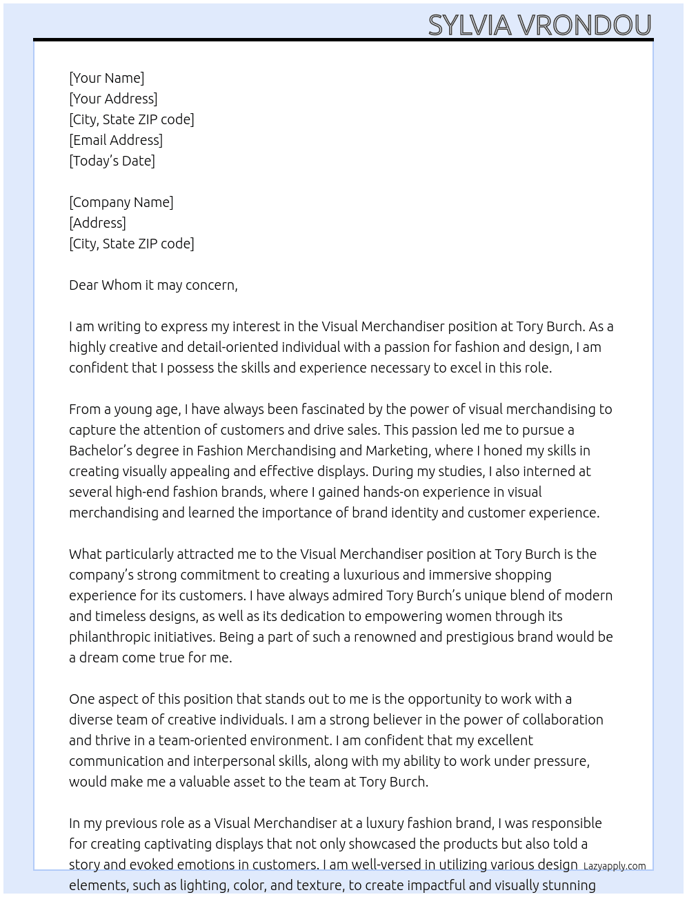 visual merchandiser At Tory Burch Cover Letter