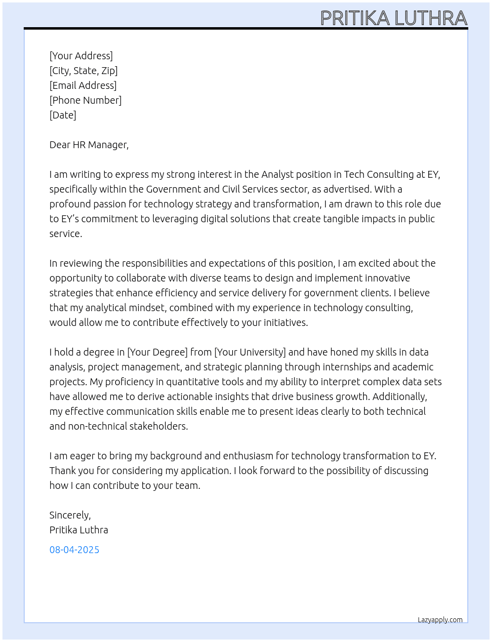 Cover letter for analyst - tech consulting - gov - cns - tc - technology strategy & transformation - LazyApply