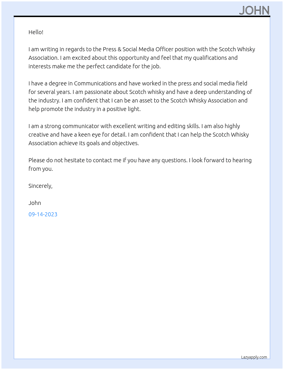 Press & Social Media Officer At Scotch Whisky Association Cover Letter