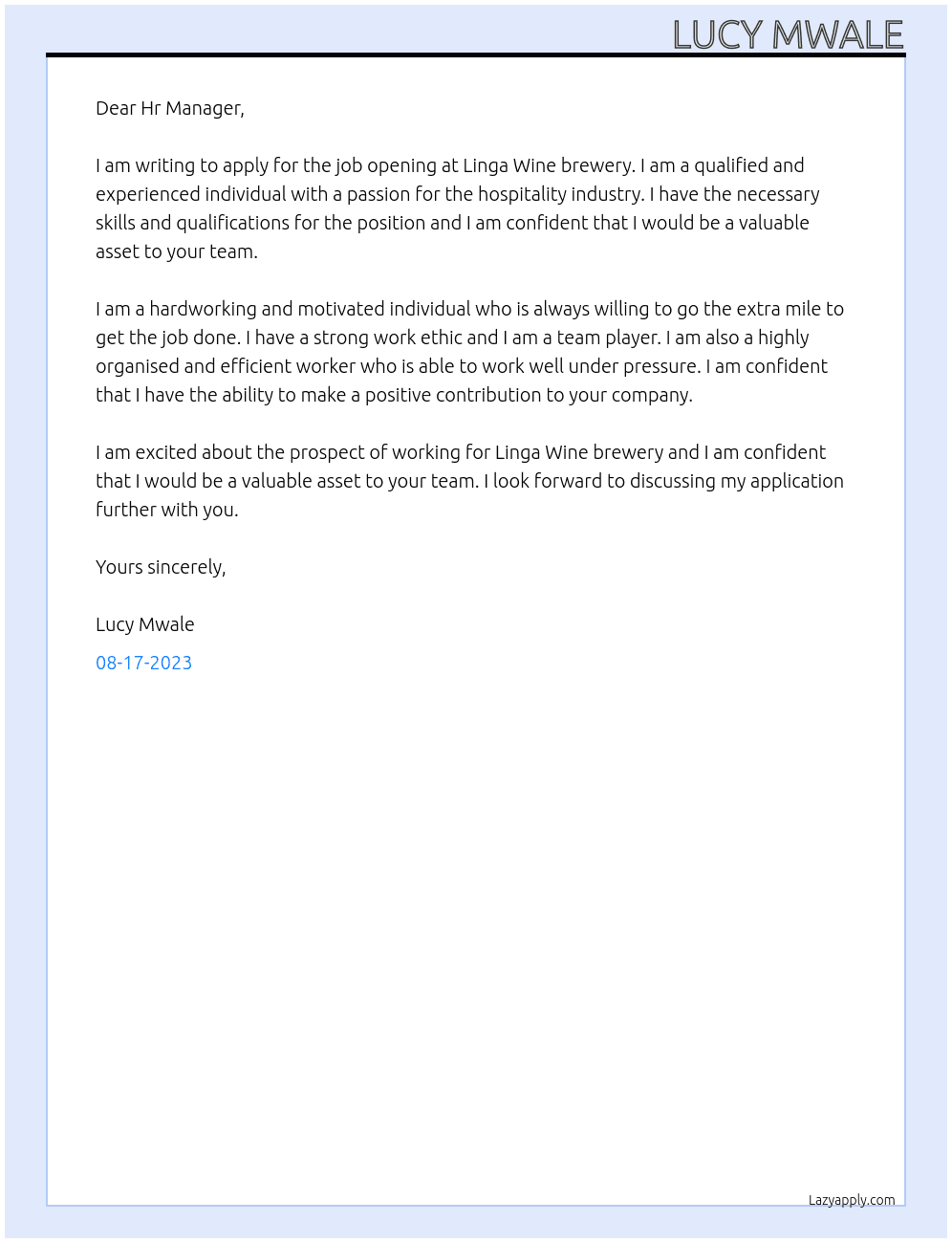 Any job opening At Linga Wine brewery Cover Letter