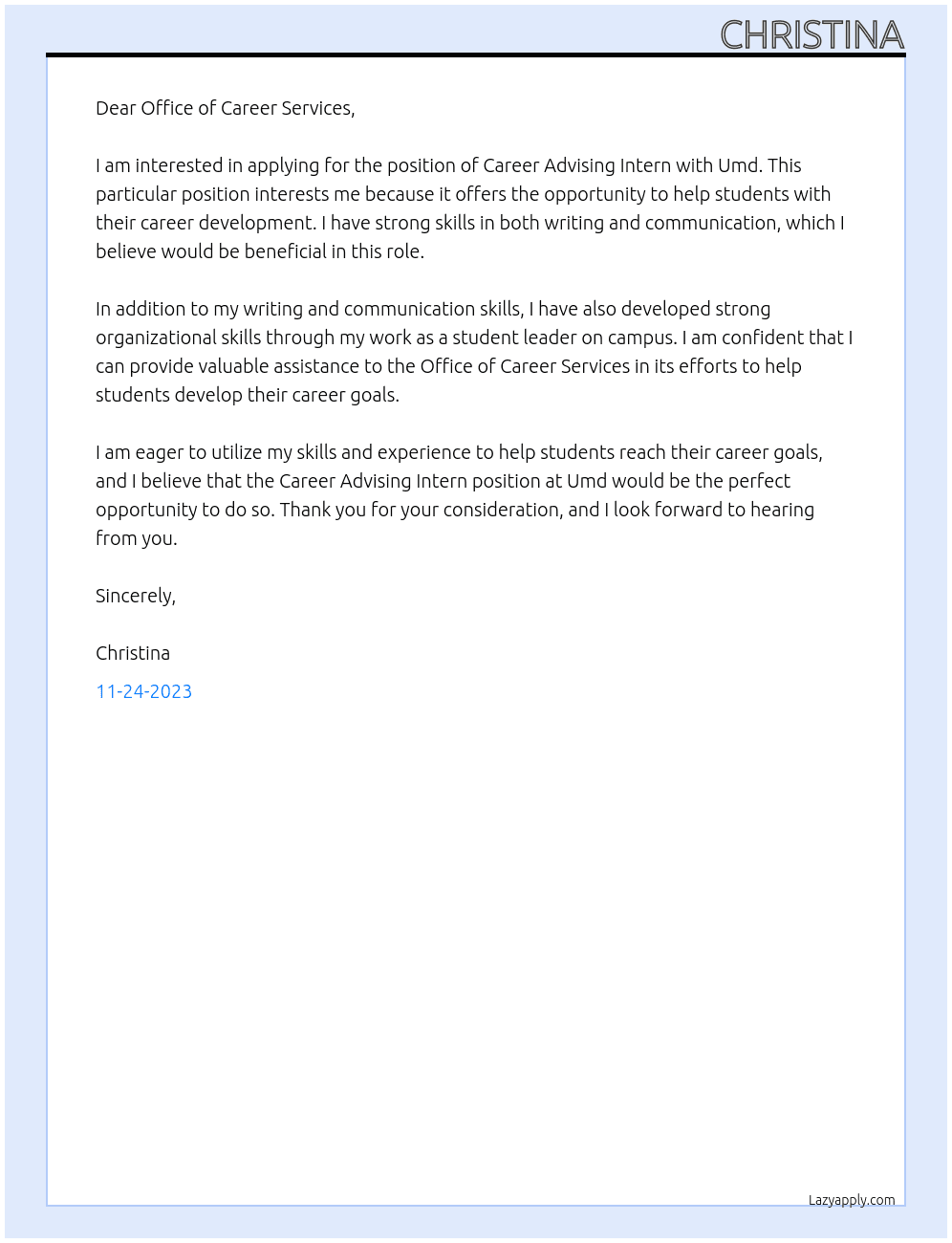 Career Advising Intern At Umd Cover Letter
