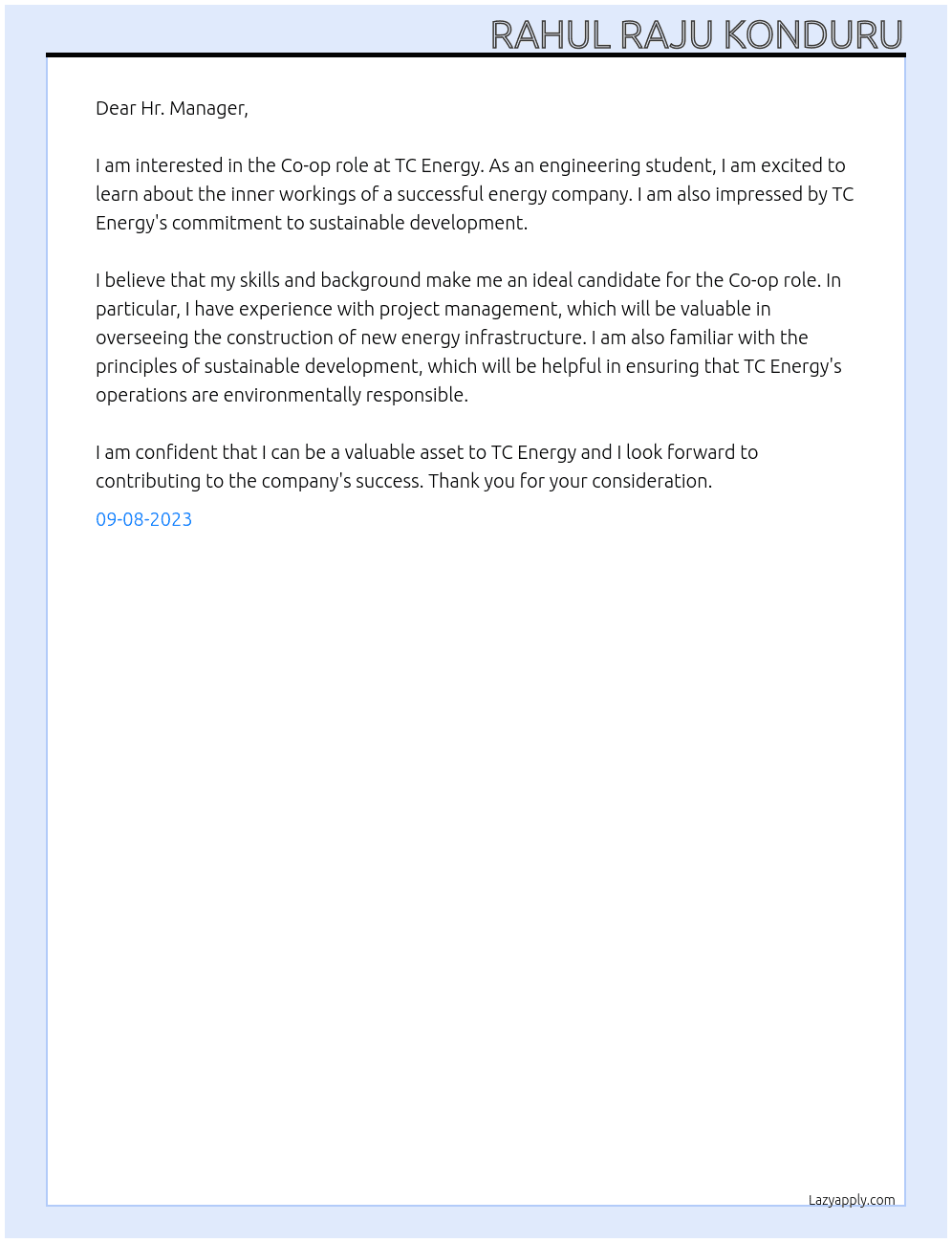 Engineering student At TC Energy Cover Letter