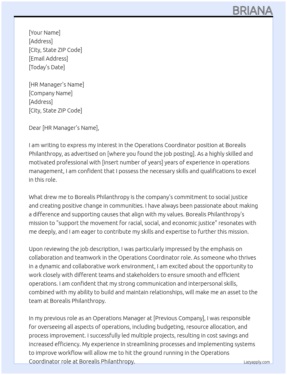 Operations Coordinator At Borealis Philanthropy Cover Letter
