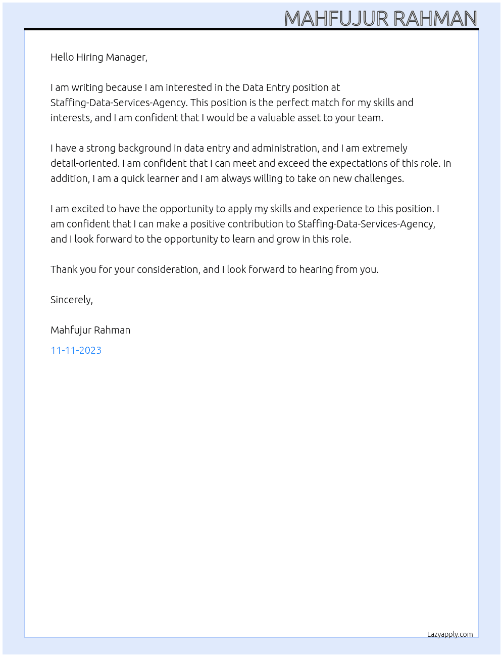 Data Entry At Staffing-Data-Services-Agency Cover Letter