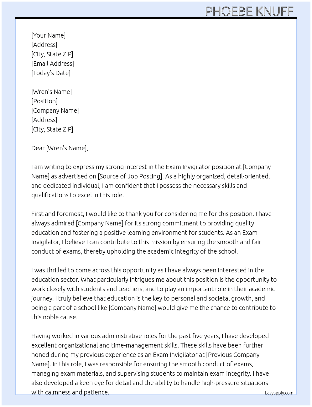 Exam invigilator  At School Cover Letter