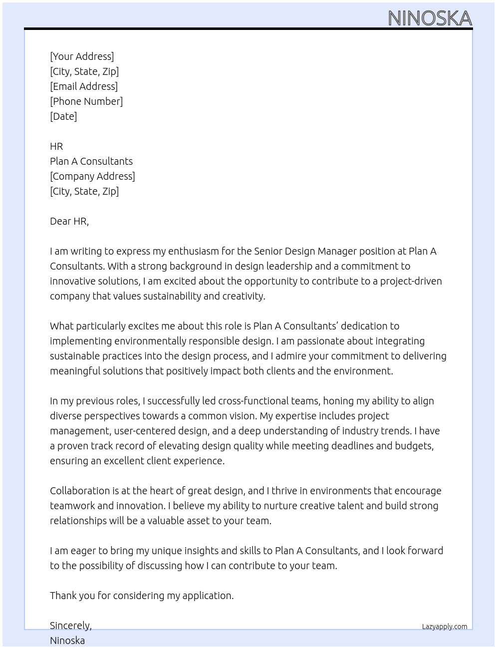 Cover letter for senior design manager - LazyApply