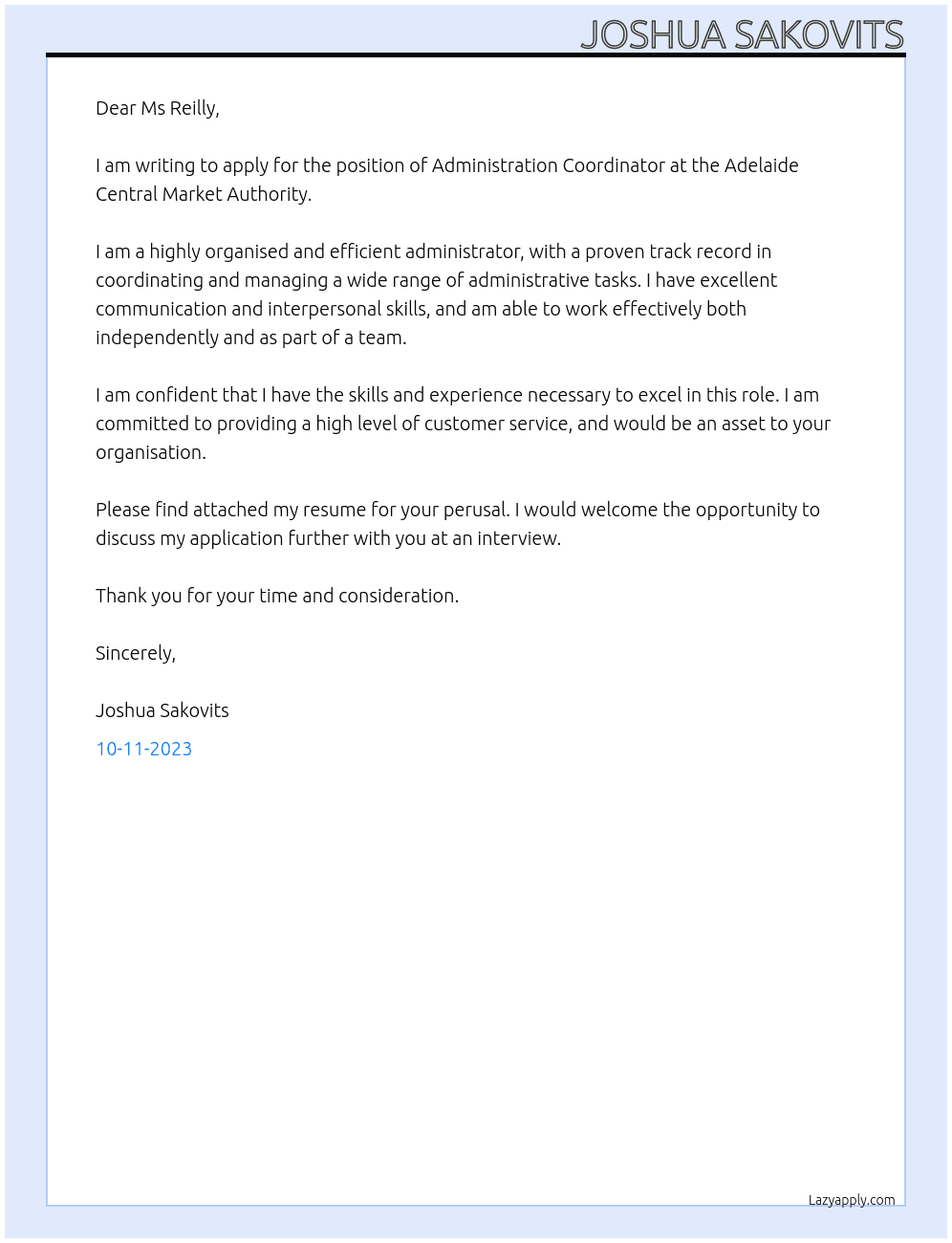 Administration Coordinator At Adelaide Central Market Authority Cover Letter