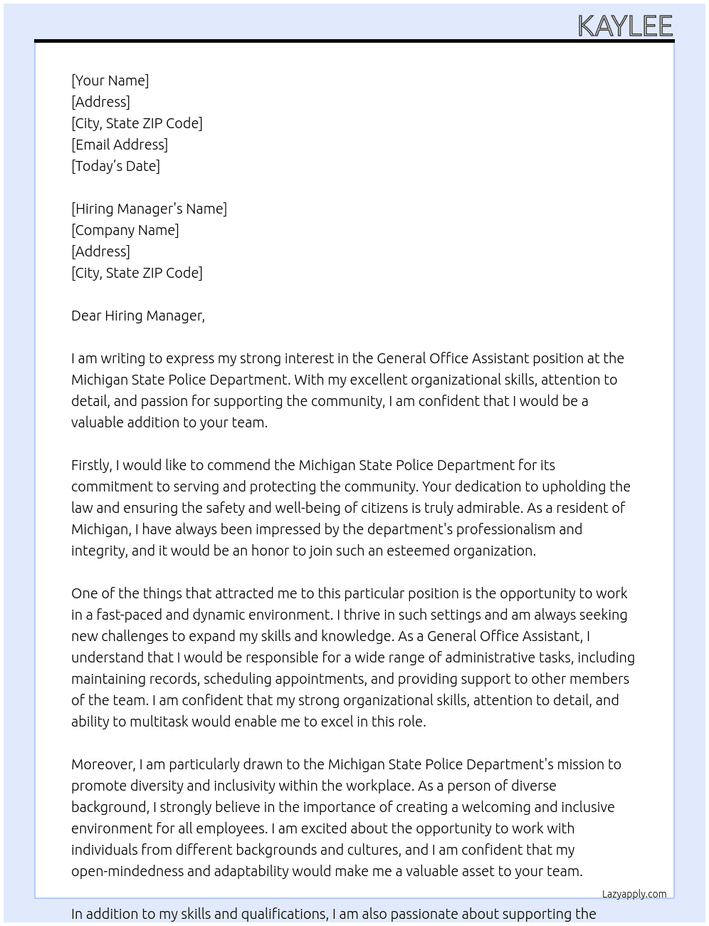General Office Assistant At Michigan State Police Department Cover Letter