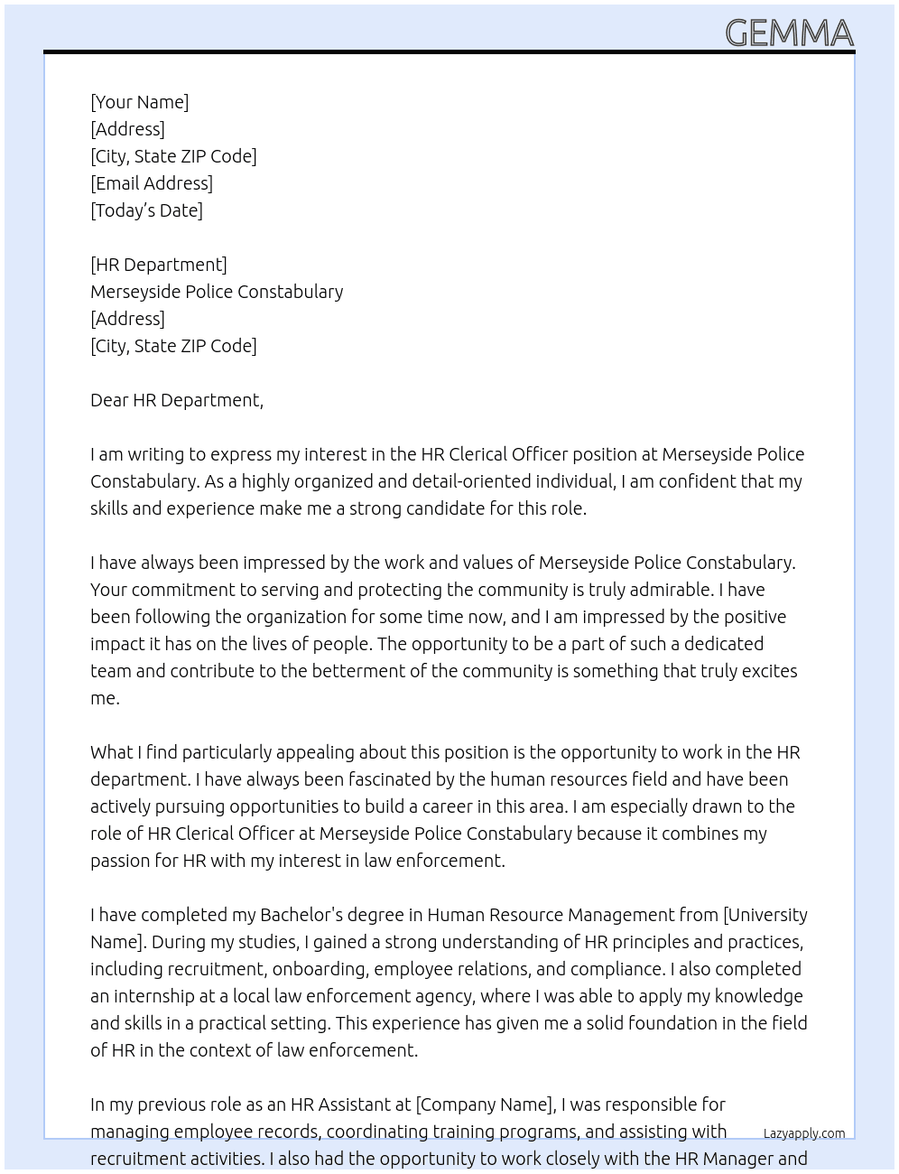 HR Clearical Officer At Merseyside Police constabulary Cover Letter