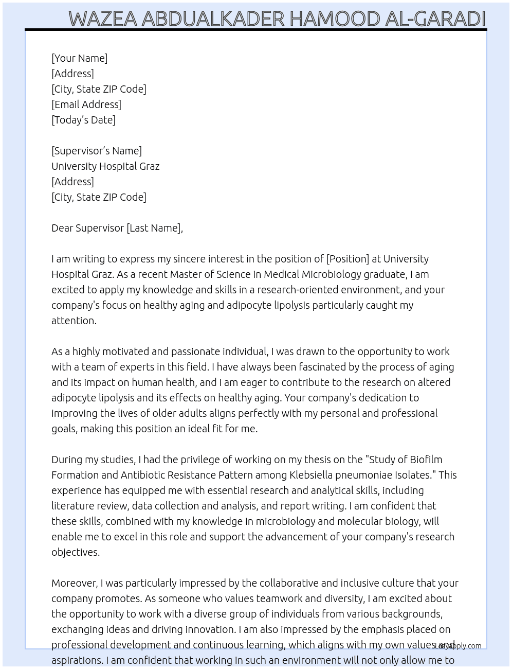 How does alterd adipocyte lipolysis impact healthy aging? At University Hospital Graz Cover Letter