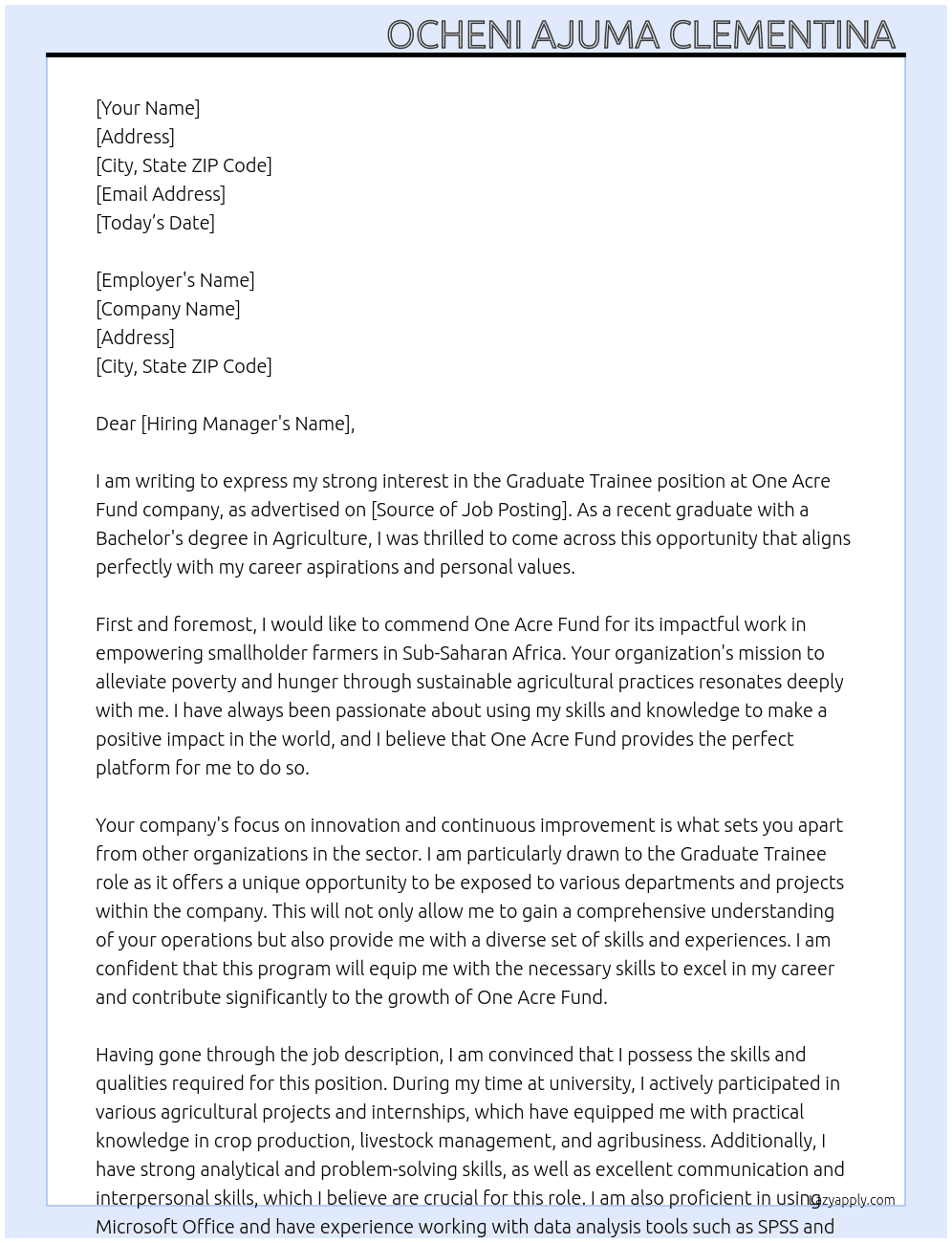 Graduate trainee At One Acre Fund company  Cover Letter