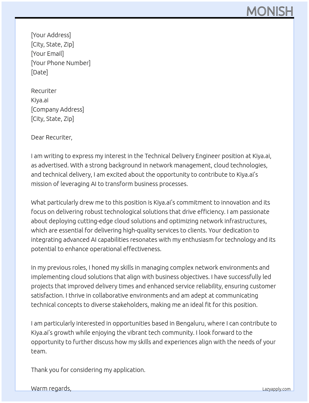 Technical Delivery Engineer At Kiya.ai Cover Letter