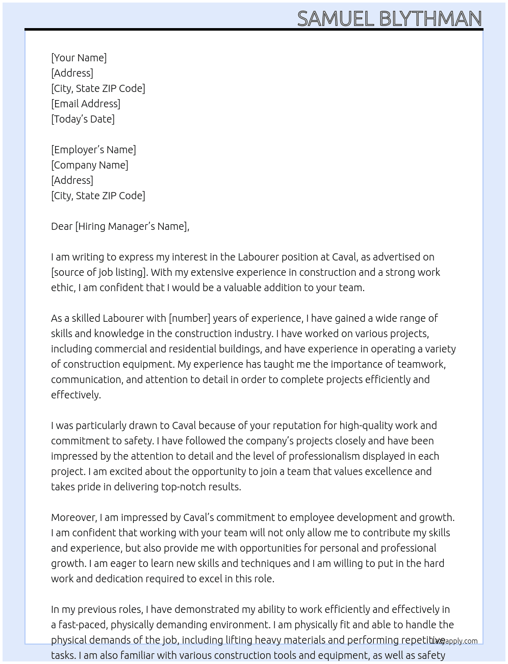Labourer At Caval  Cover Letter