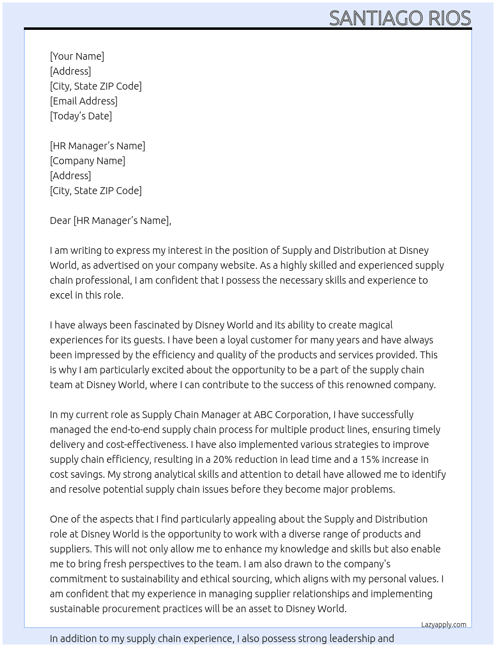 Supply and Distribution  At Disney World Cover Letter