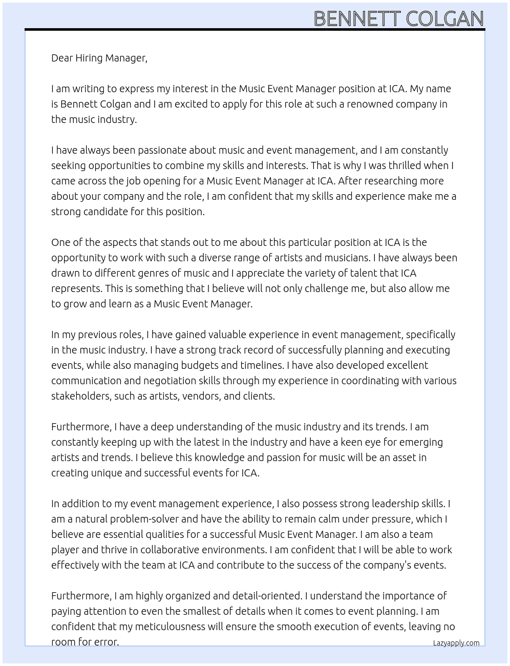Music Event Manager At ICA Cover Letter