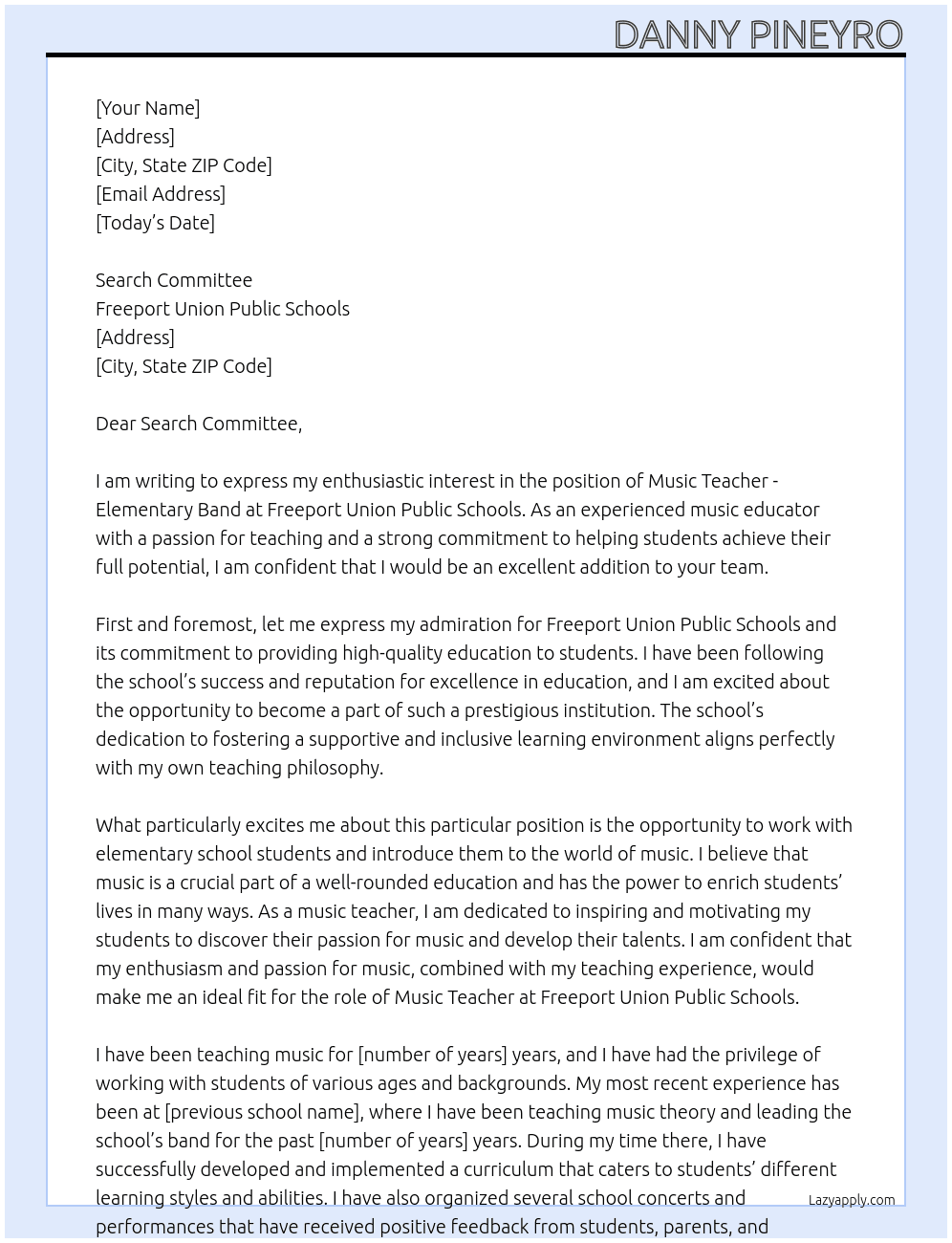 Music Teacher - Elementary Band At Freeport Union Public Schools Cover Letter