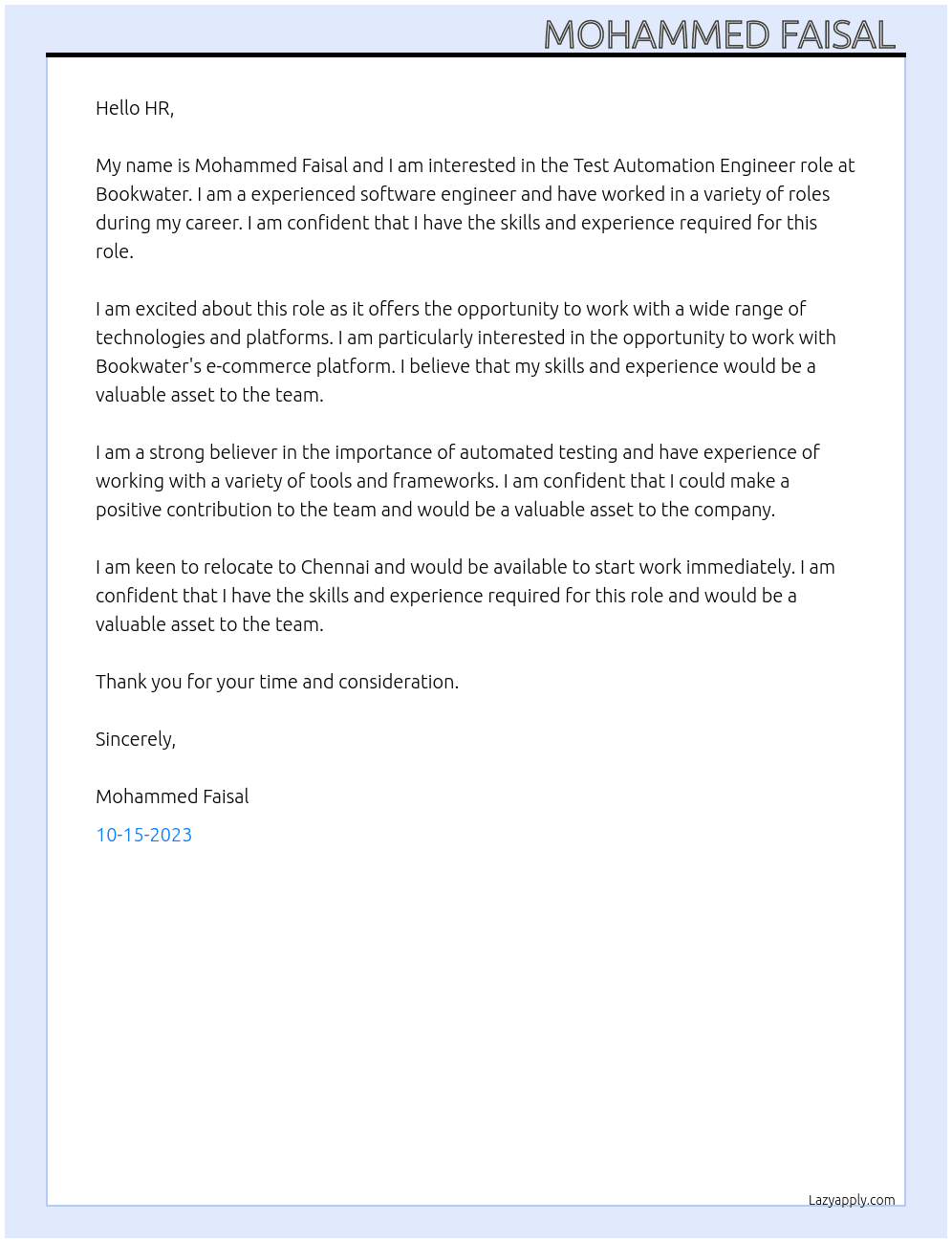 Test Automation Engineer  At Bookwater Cover Letter