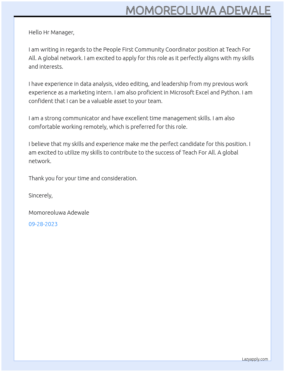 People First Community Coordinator At Teach For All. A global network Cover Letter