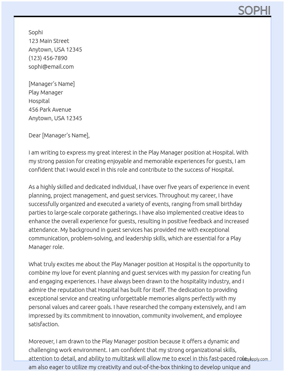 Cover letter for play manager - LazyApply