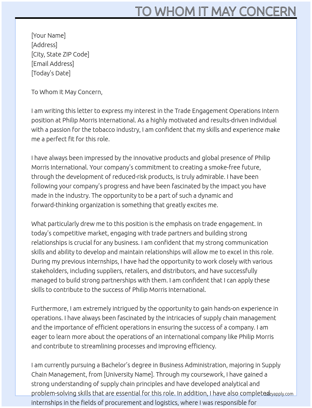 Trade Engagement Operations Intern At Philip Morris International Cover Letter