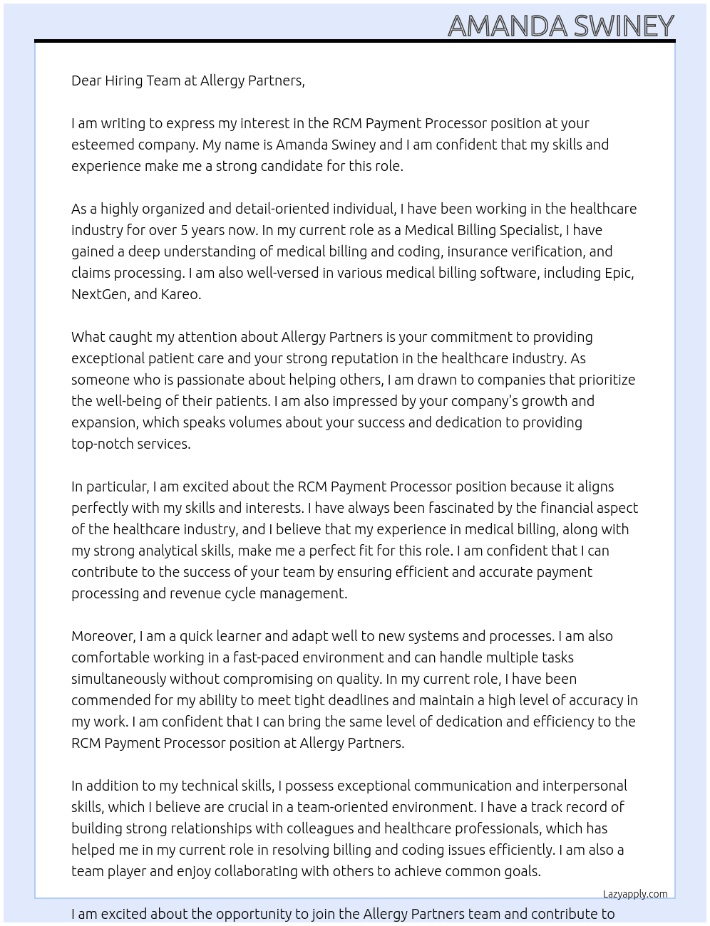 RCM Payment Processor At Allergy Partners Cover Letter