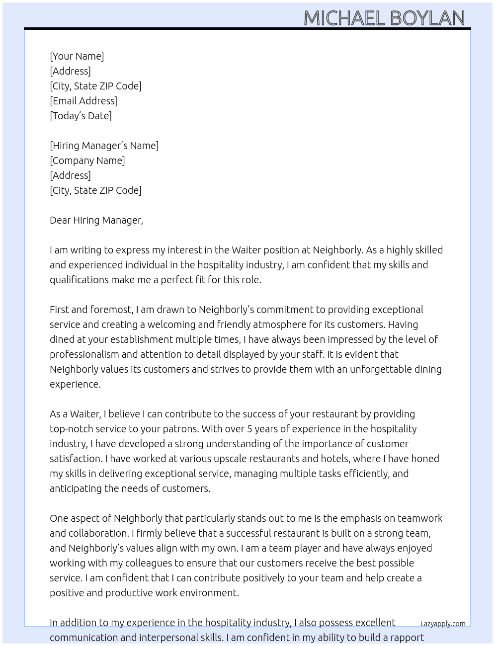 Waiter At Neighborly Cover Letter