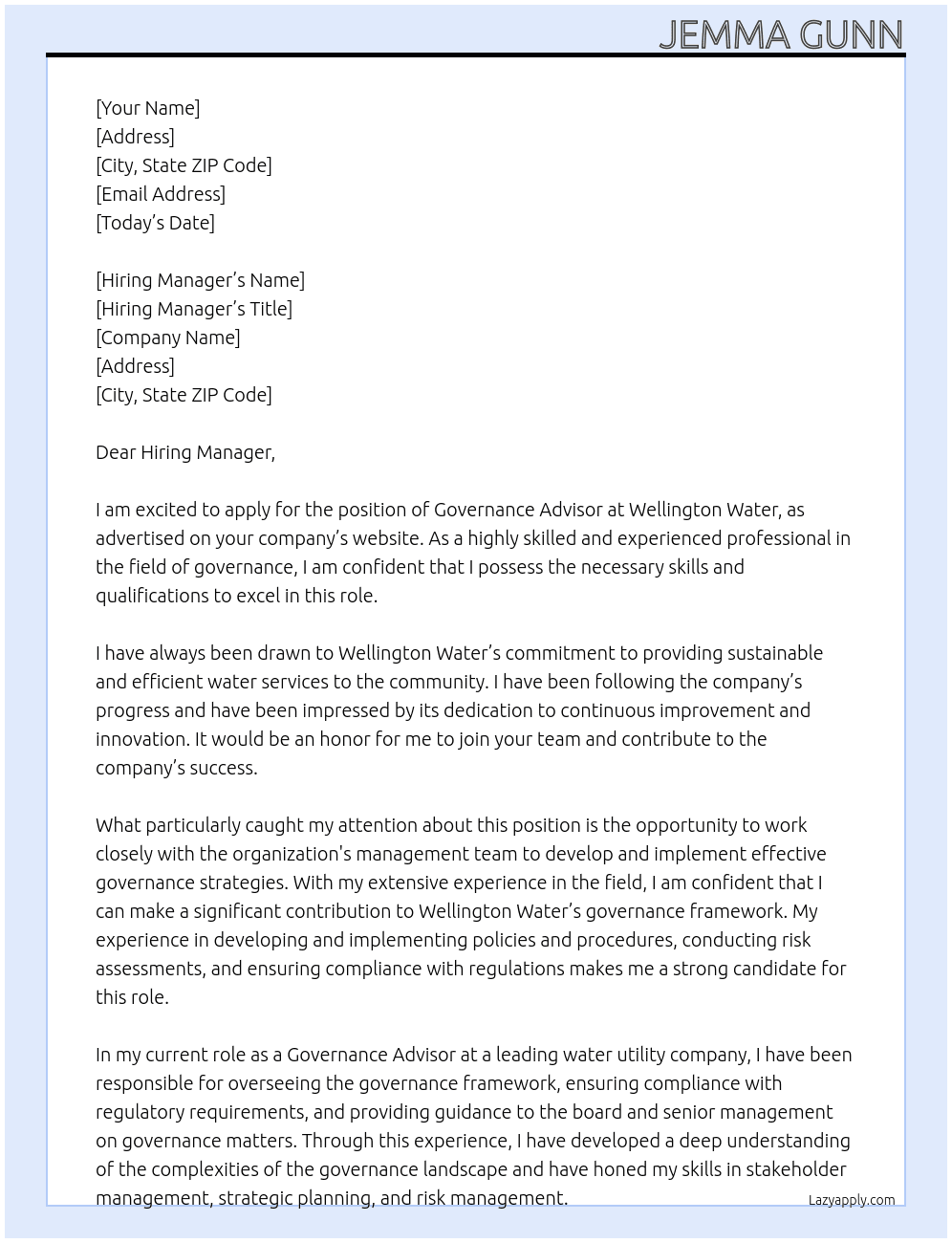 Governance Advisor At Wellington Water Cover Letter
