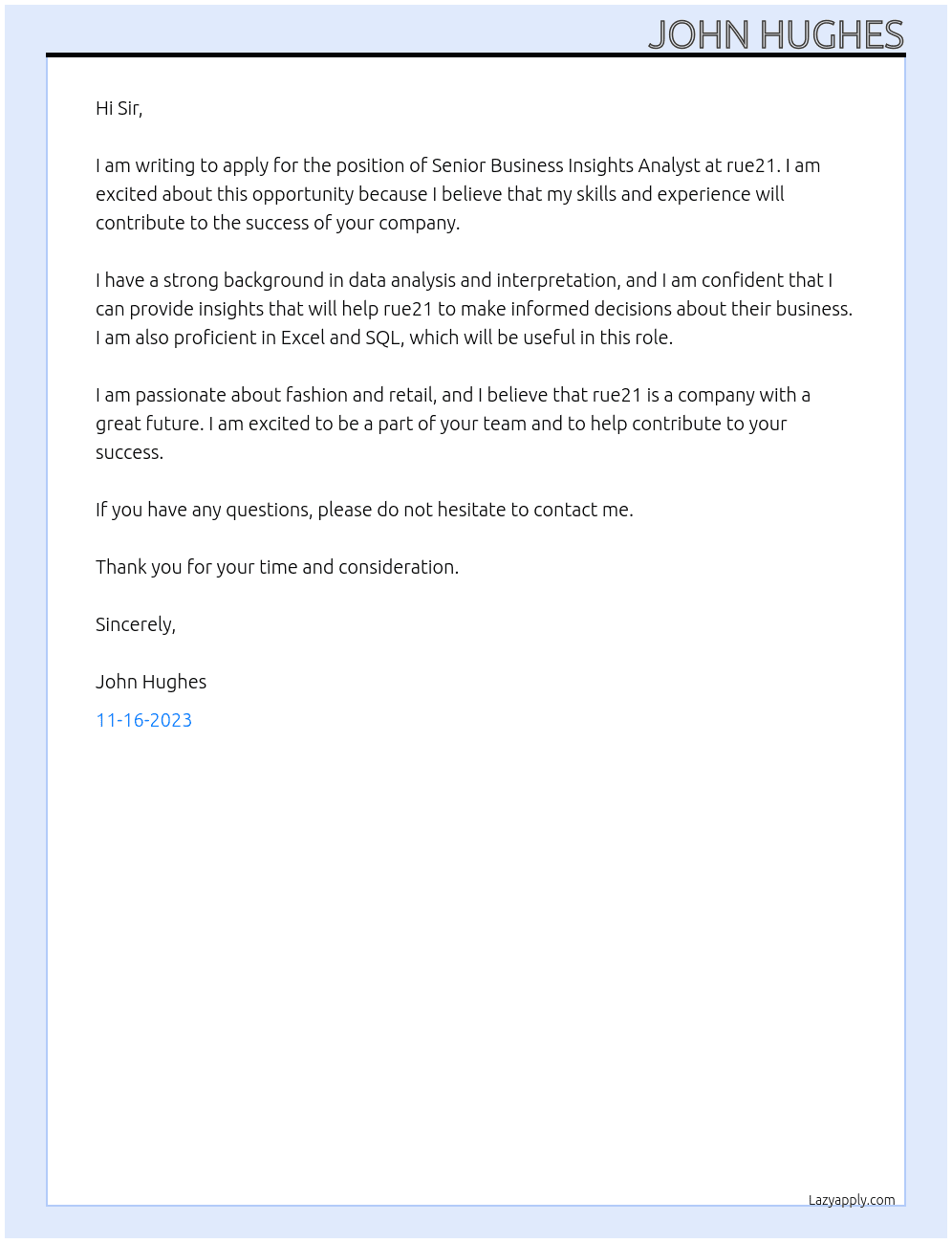 Senior Business Insights Analyst At rue21 Cover Letter
