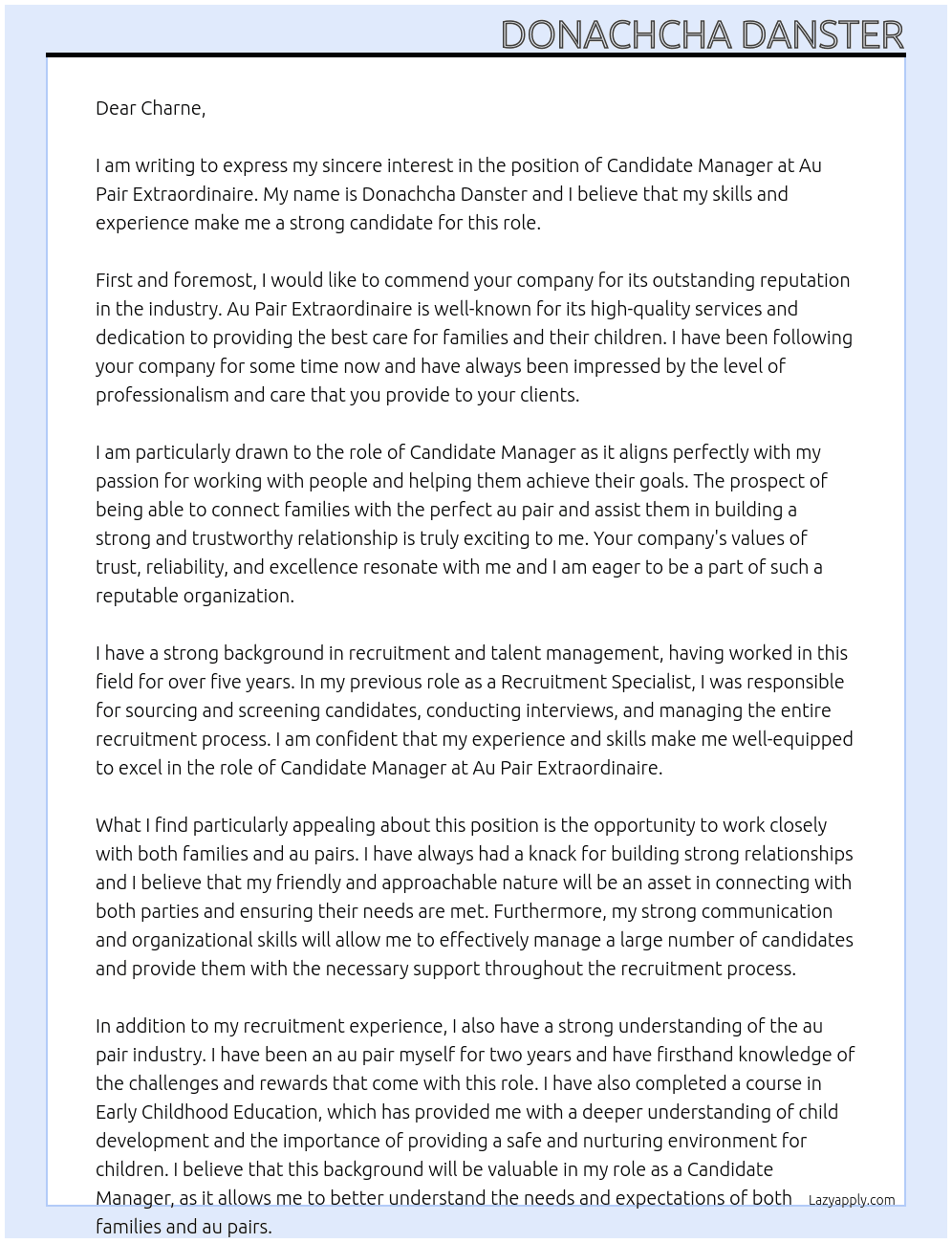 Candidate Manager At Au Pair Extraordinaire Cover Letter