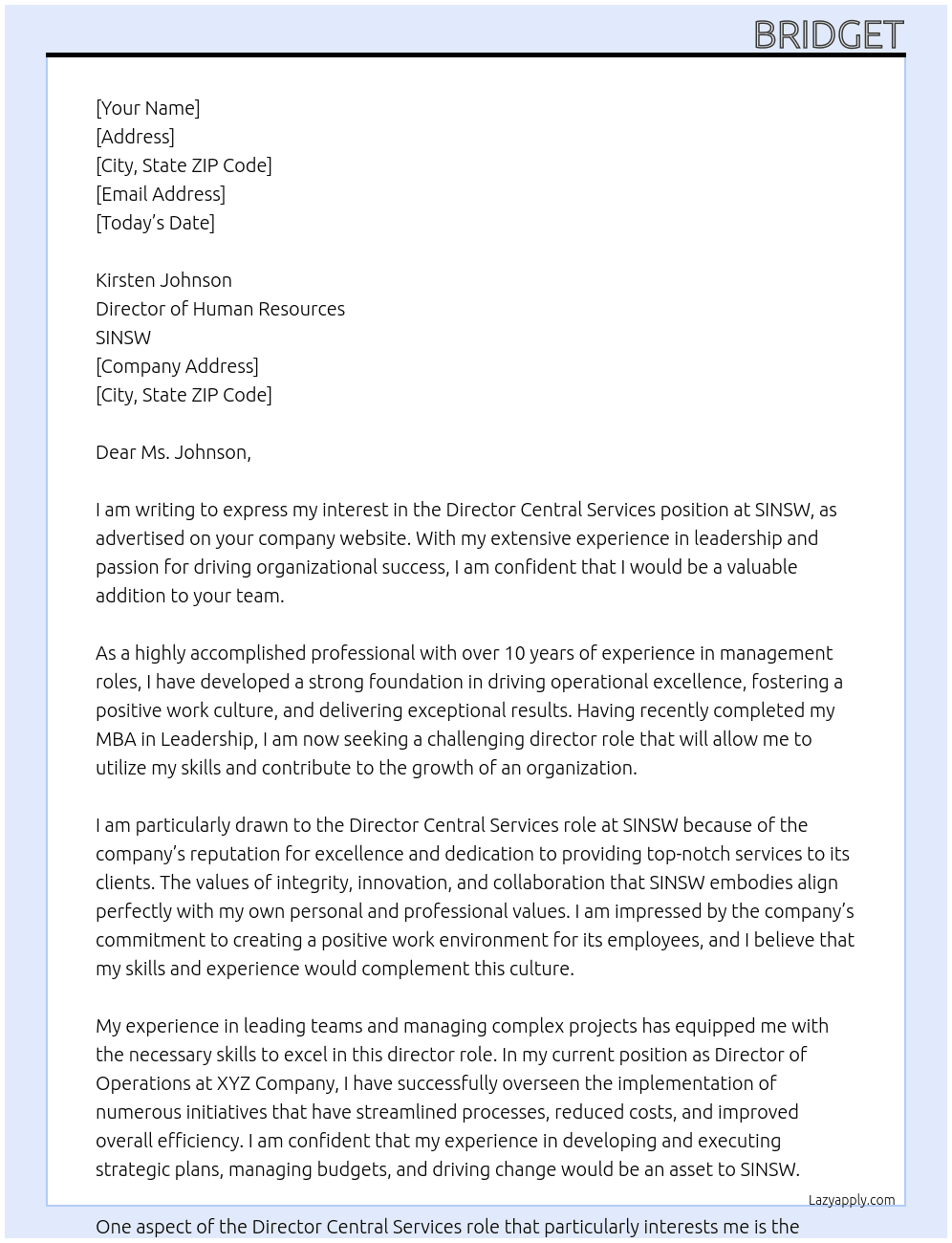 Director Central Services At SINSW Cover Letter