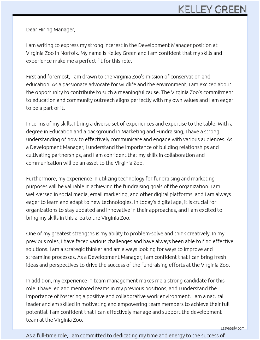 Development Manager At Virginia Zoo in Norfolk Cover Letter