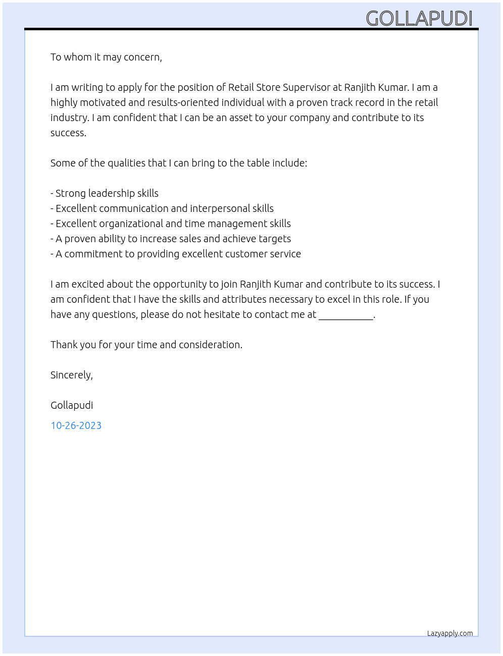 Retail store supervisor  At Ranjith Kumar Cover Letter