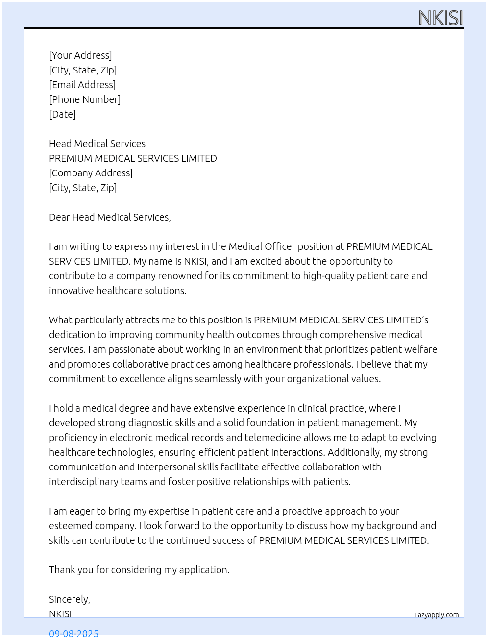 Medical Officer At PREMIUM MEDICAL SERVICES LIMITED Cover Letter