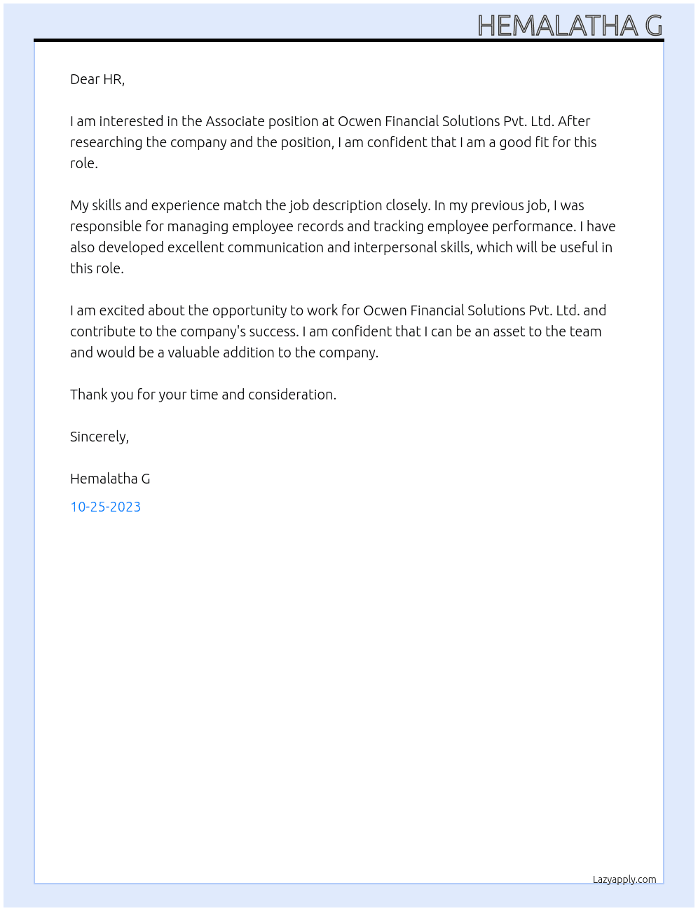 Associate At Ocwen Financial Solutions Pvt. Ltd. Cover Letter