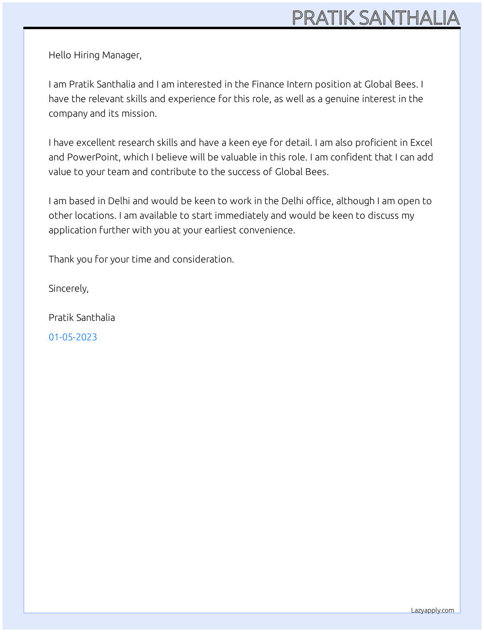 Finance Intern At Global Bees Cover Letter