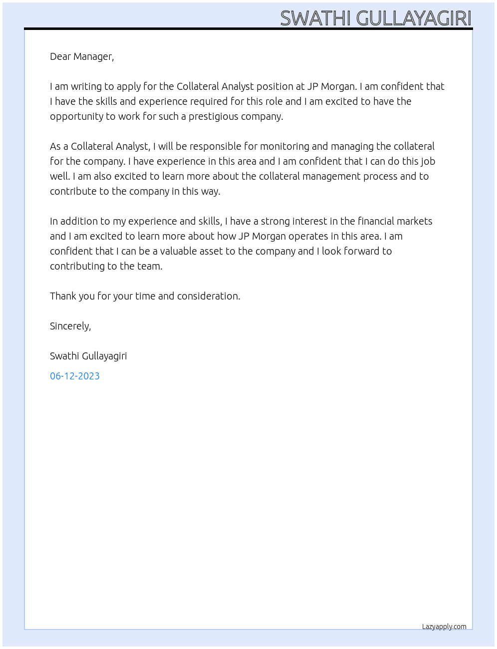 Collateral Analyst At JP Morghan Cover Letter
