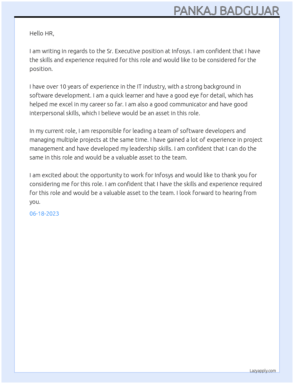 Sr. Executive At Infosys Cover Letter
